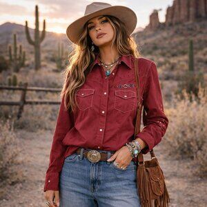 RU Apparel Sherry Cervi Western Shirt Pink Pearl Snap Embroidered Rodeo Womens M
